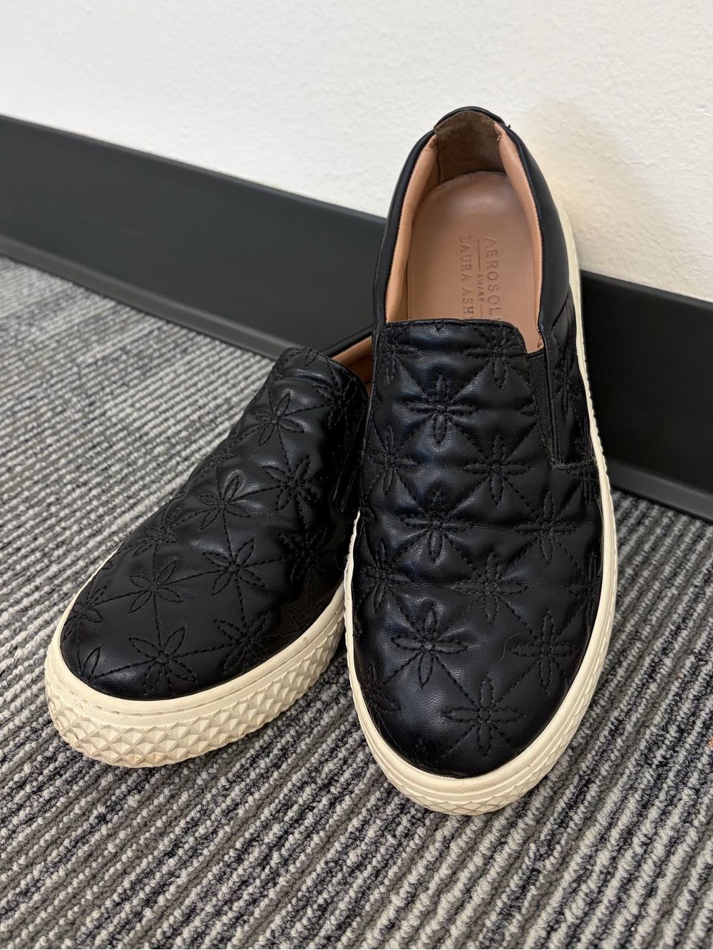AEROSOLES Aware x Laura Ashley Black Quilted Slip-On Loafers
